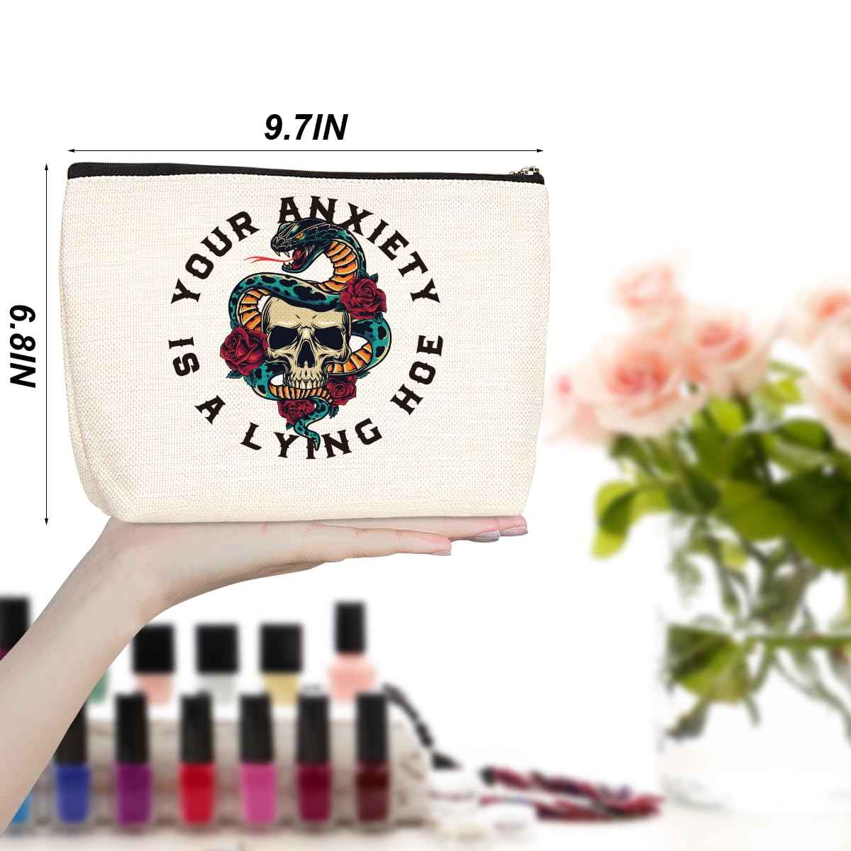 Mental Health Makeup Bag Cosmetic Bags Skull Decor Travel Toiletry Bag Mental Health Gifts Zipper Pouch Inspirational Gifts for Women Girls Sisters Psychologist Therapist Counselor Medical Personnel