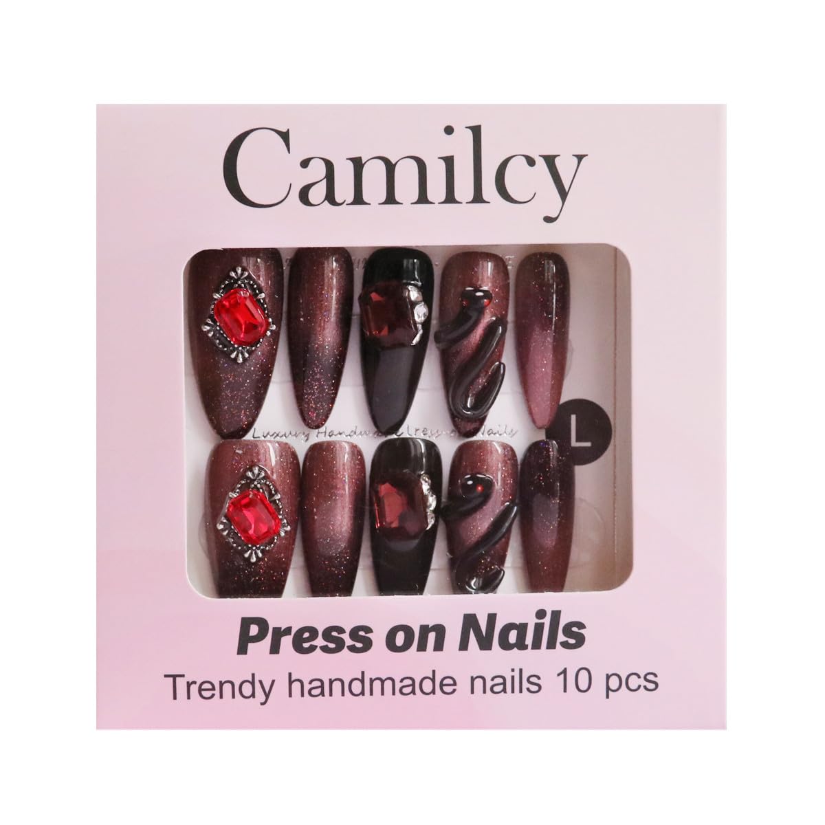 CAMILCY Handmade Nails Press on Almond Shaped Black and Red Snake Design Hand Painted Reusable Gel UV Finished Pre Shaped False Nails for Women 10Pcs 3D Handmade Nails (A002 L)