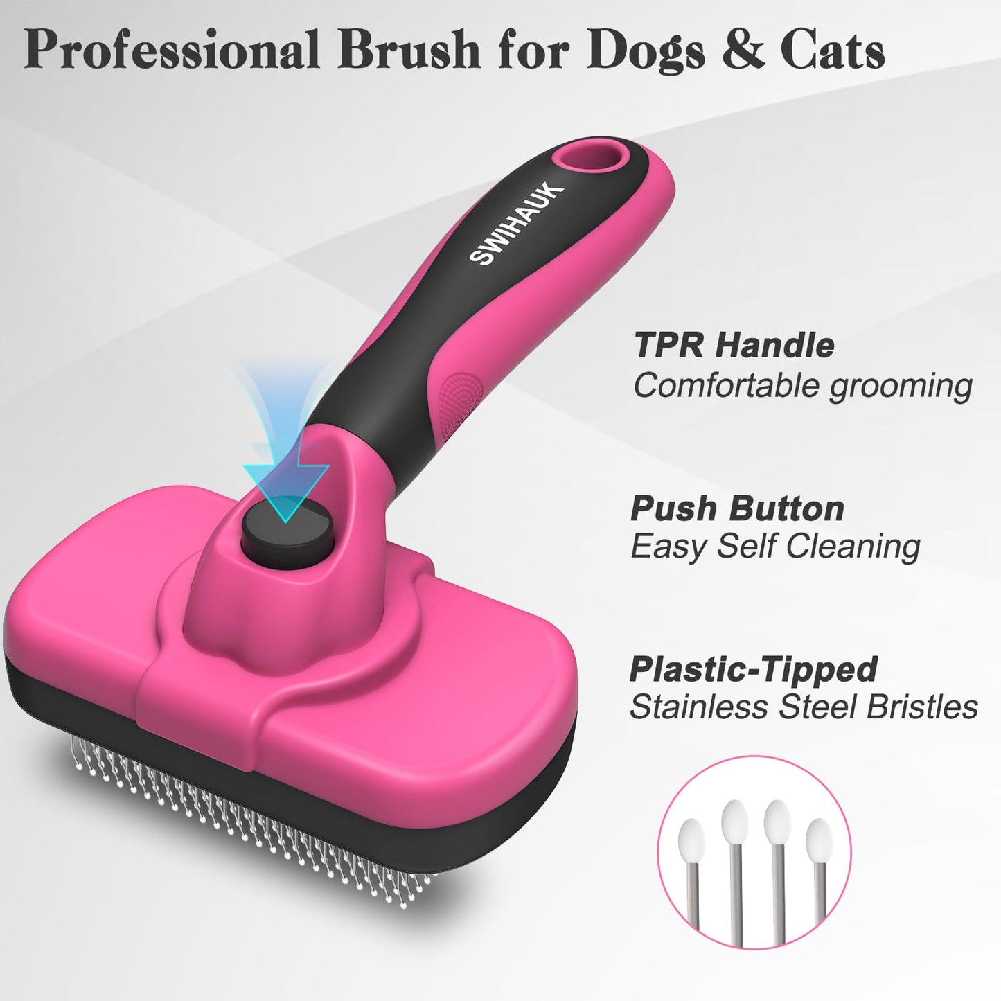 Swihauk Self Cleaning Slicker Brush for Dogs & Cats - Skin Friendly Grooming, Deshedding, Hair Removal for Puppies & Long/Short Haired Pets, Pet Supplies Accessory, Pink