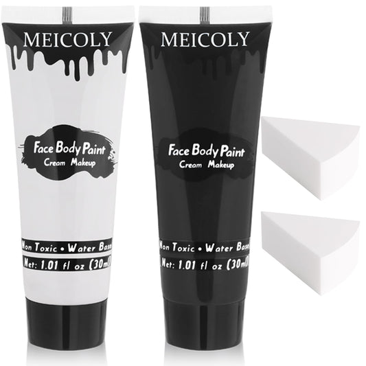 MEICOLY Black White Face Body Paint with Sponges,Water Based Face Paint for Adults and Kids,Cream Body Paint,Face Painting for Clown Makeup,Halloween SFX Skull Zombie Skeleton Goth Cosplay Mime Makeup