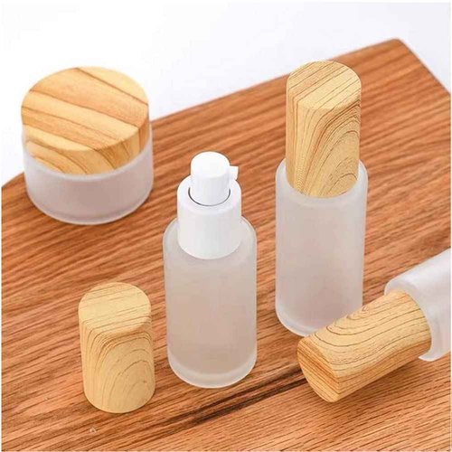 2PCS 120ml/4oz Empty Clear Frosted Glass Cosmetic Lotion Bottle with Plastic Wood-Grain Lid Refillable Travel Toiletries Container Pump Dispenser Vials Pot Jars for Foundation Emulsion Oil (Pack of 2)