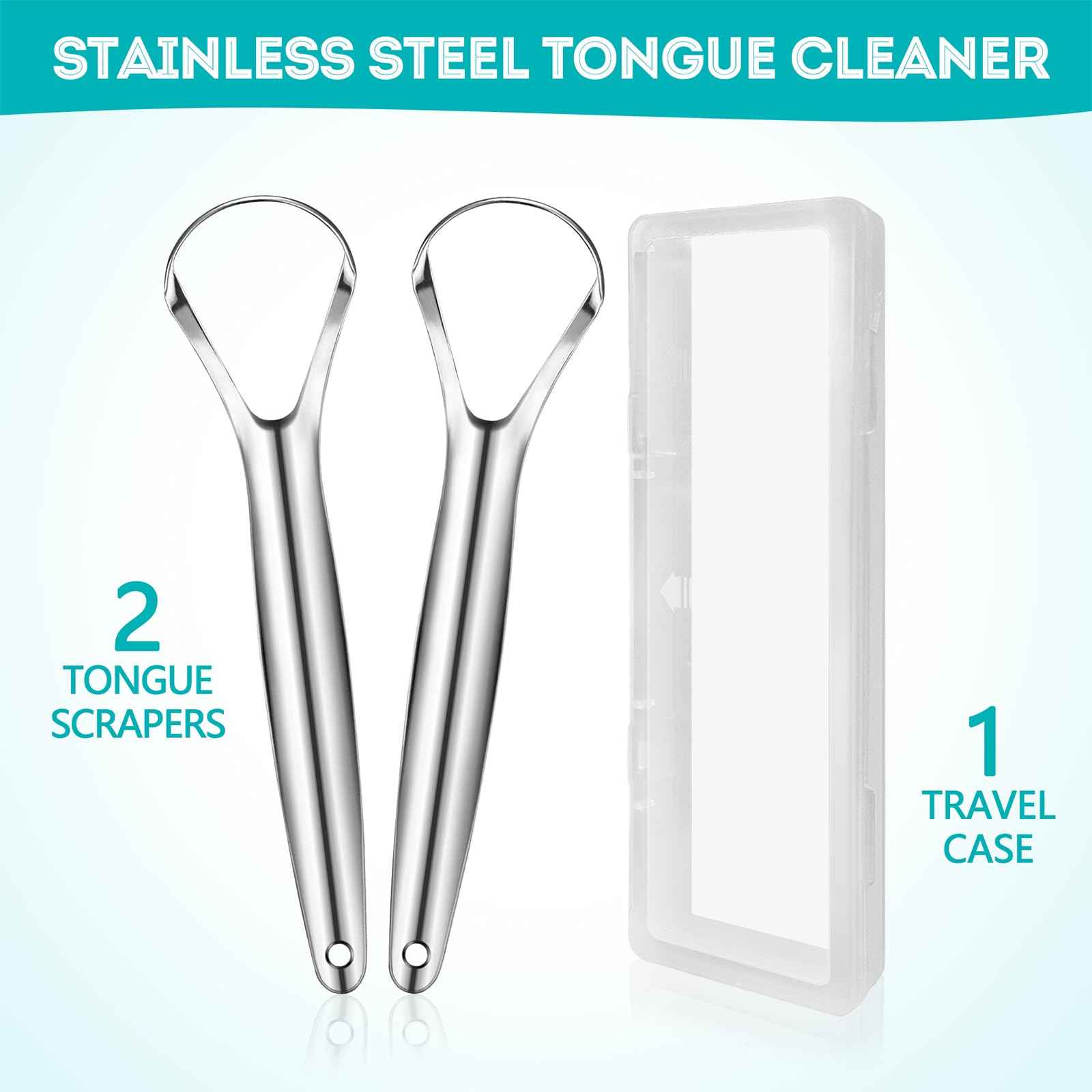 EZ COZY 2 Pack Tongue Scraper for Adults, Reduce Bad Breath, Tongue Cleaner with Travel Case, Stainless Steel Tongue Scrapers, Tongue Brush, Tongue Scrubber for Oral Care & Hygiene