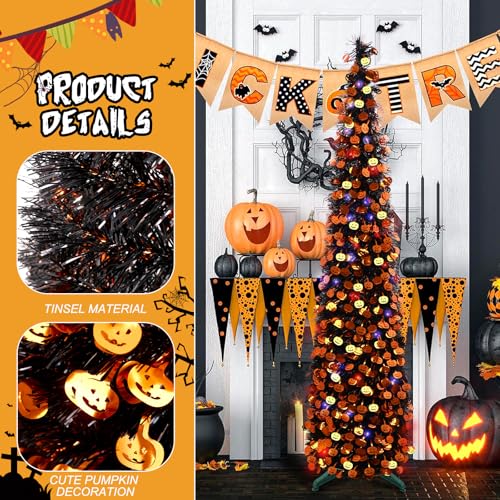 Black Halloween Tree with Light, 5Ft Pop Up Artificial Pencil Tree with Orange Pumpkin, Halloween Decorations Tree for Home Office Party Fireplace Holiday Decor(Purple Orange)