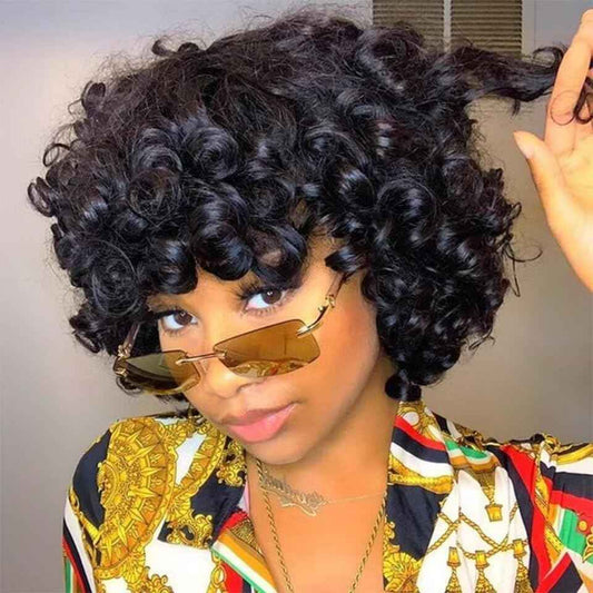 IMAYLI Fringe Bouncy Human Hair Wigs For Black Women Afro Rose Curly Funmi Glueless Wigs with Bangs Short Bouncy Curly Bob Wig With Bang 8Inch 180% Density Natural Black