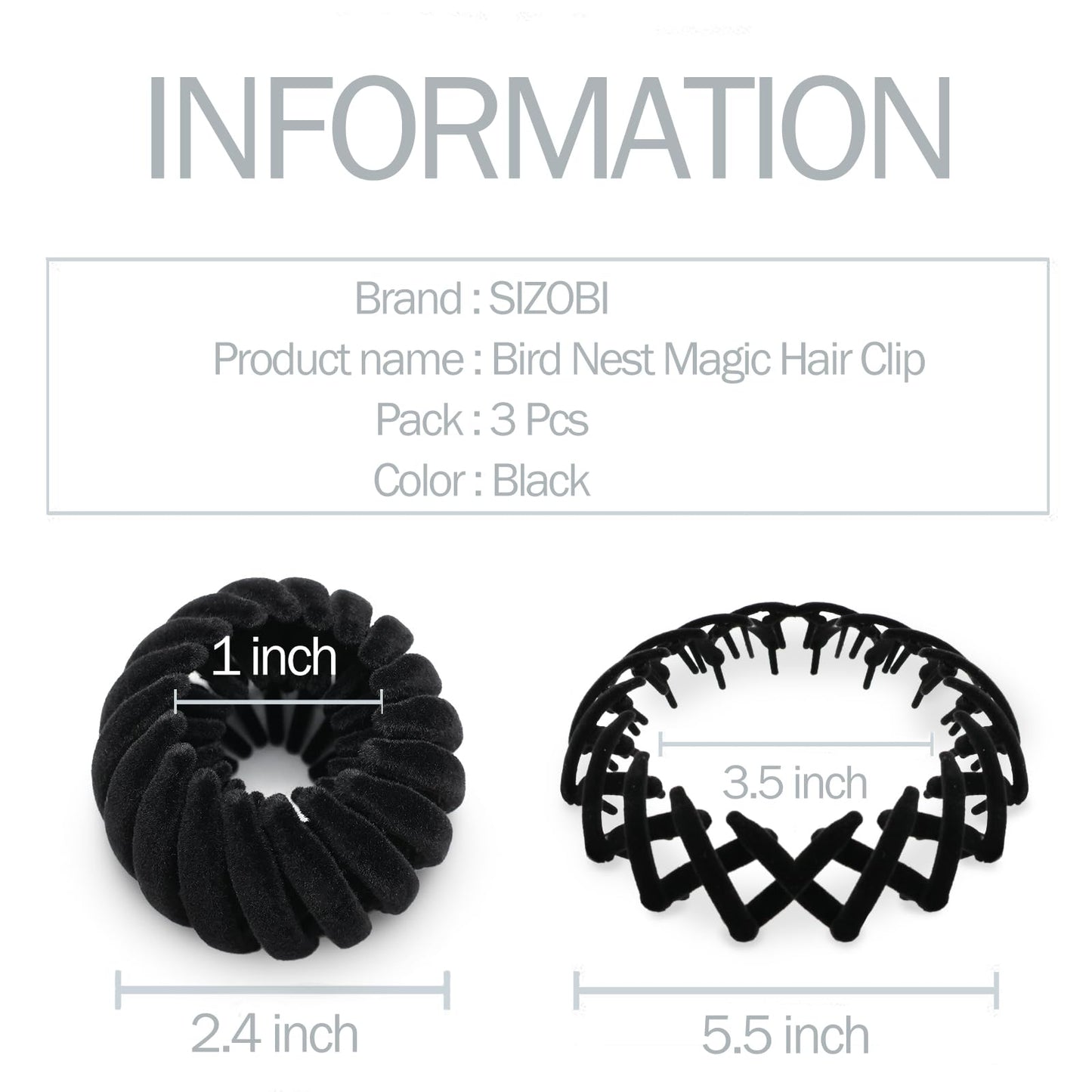 Sizobi 3 Pcs Black Hair Clips, Expandable Bird Nest Ponytail Holders, Hair Accessories For Women, Hair Bun Clip for Thin Thick Fine Curly Hair, Hair Barrettes Hair Scrunchies For Girls