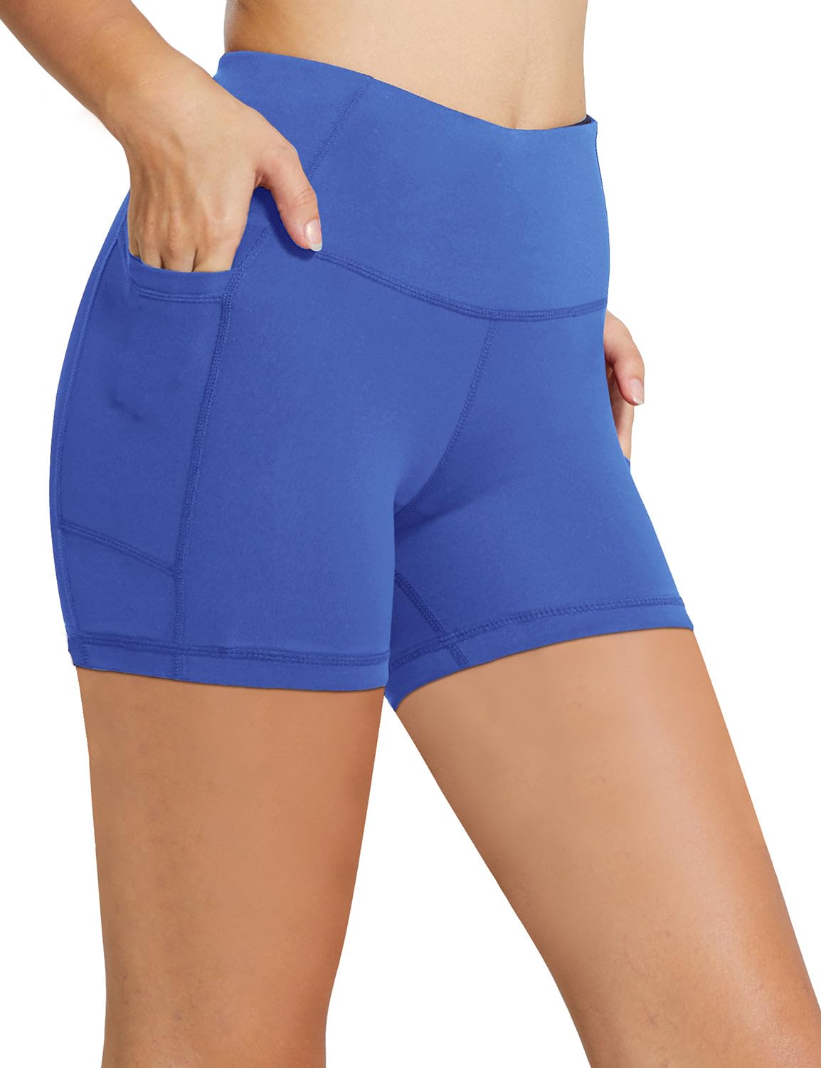 BALEAF Biker Shorts Women Yoga Gym Workout Spandex Running Volleyball Tummy Control Compression Shorts with Pockets 5" Earth Blue XS