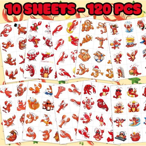 120 PCS Crawfish Boil Temporary Tattoos Pre-Cut Party Favors