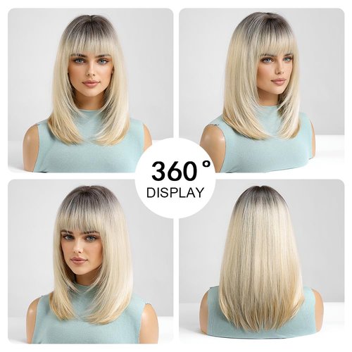 OUFEI Ombre Blonde Bob Wig With Bangs Short Straight Wig For Women Synthetic Hair Wigs for Daily Party Cosplay Wear