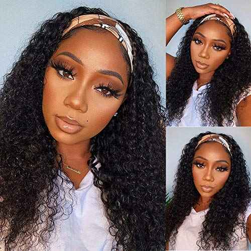 mengkai 18 Inch Headband Wig Human Hair Curly Headband Wigs Human Hair Glueless Wigs Human Hair Pre Plucked None Lace Front Wigs Human Hair With Headband Attached Headband Wig Curly Machine Made