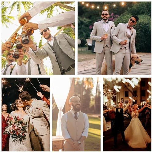 MAGE MALE Men's Linen 2 Piece Suit Slim Fit Wedding Groomsmen Summer Vest Pants Set with Pocket Square