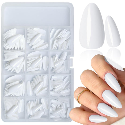 LoveOurHome 360pc Almond Press on Nails Medium Fake Nails Full Cover Glue on Almond Nail Tips Colored Fase Nail White Acrylic Nails Press ons Nail Almond with Glue Adhesive Tabs for Women Girls