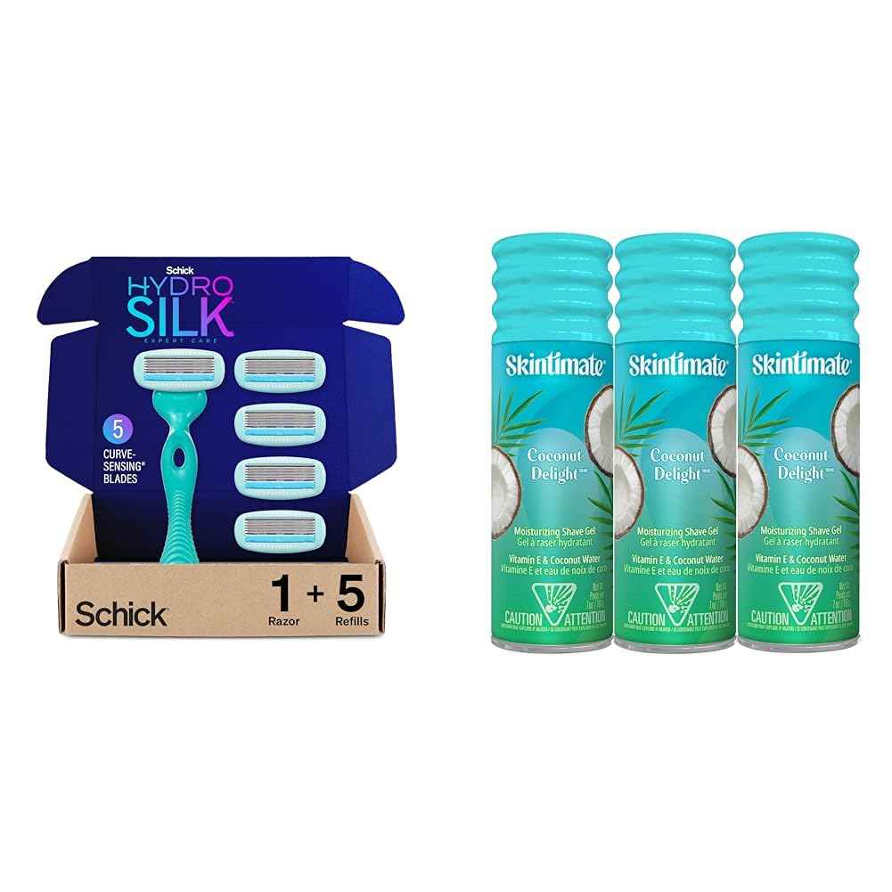 Schick Hydro Silk Sensitive Skin Razor for Women With 5 Moisturizing Razor Blade Refills & Skintimate Coconut Delight Moisturizing Shave gel for Women, 7 Ounce (Pack of 3)