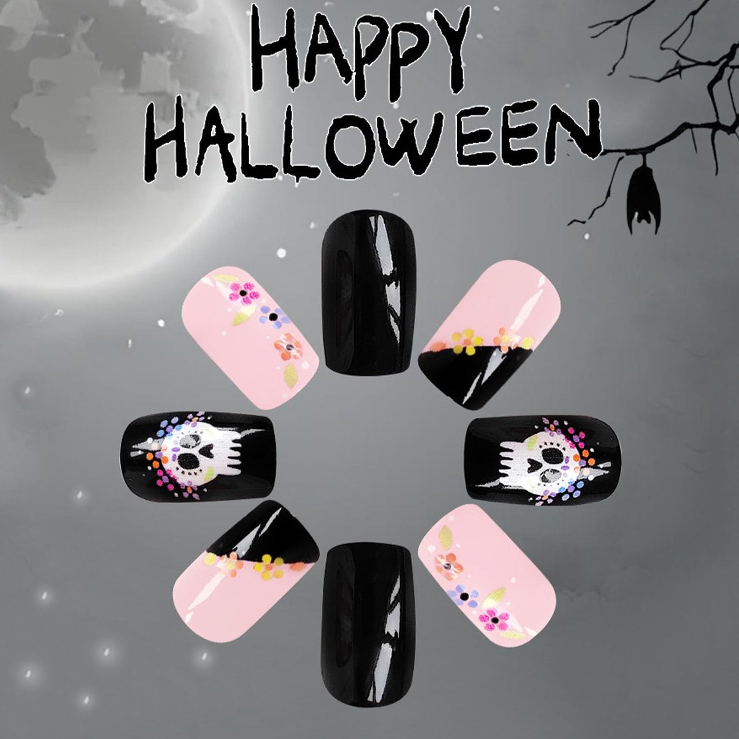 Halloween Press on Nails Medium Square Fake Nails Skull Acrylic Nails Black French Full Cover Nails Press ons Flowers Artificial Cute Halloween False Nails for Women Girl 24 Pcs