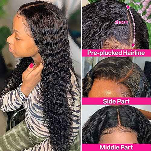 Wingirl 13x4 HD Deep Wave Lace Front Wigs Human Hair Pre Plucked with Baby Hair Transparent 180 Density Glueless Lace Frontal Wigs for Women Natural Black Color