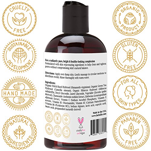 Laritelle Organic Unscented Facial Cleanser 4 oz. Gentle, Purifying, Rejuvenating, Hydrosol-based (Witch Hazel, Green Tea & Hibiscus). No Sulfates, Alcohol, Parabens, Phthalates, GMOs, GF. 5.5 Ph