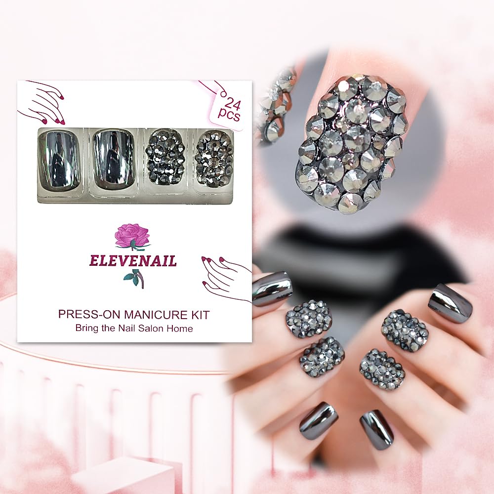 ELEVENAIL 3D Rhinestones Press On Nails Punk Dark Smoky Gray Reflective Mirror Metallic Stick On Fake Nails Salon DIY Acrylic Manicure Reusable Short Square False Acrylic Nail Art Tips