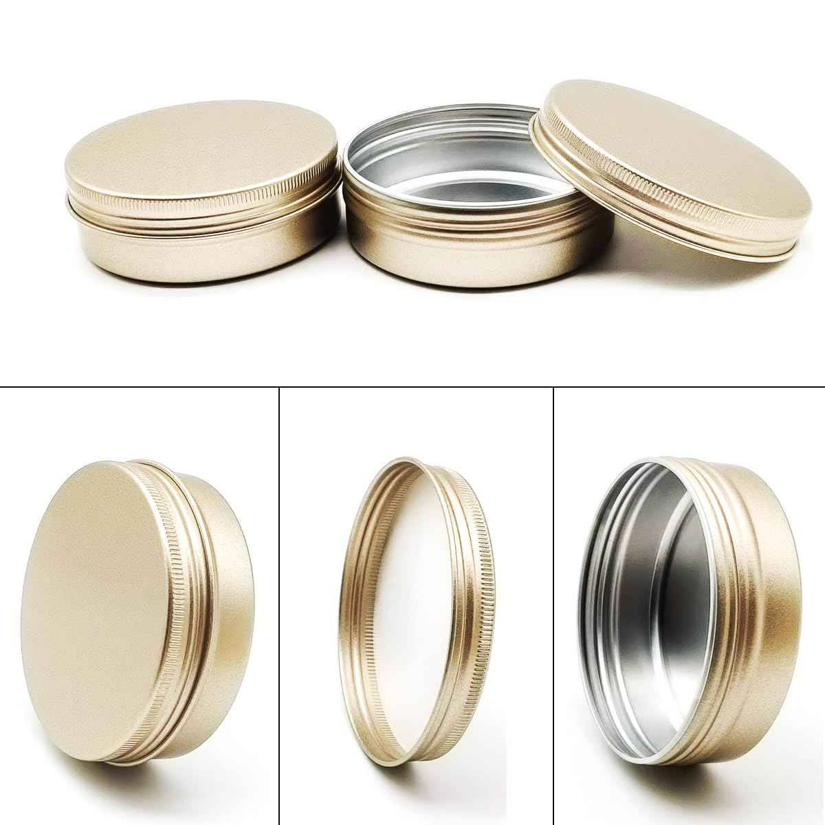Wopanxye Aluminum Tin Cans, 6pcs 100ml/3oz Metal Round Storage Tin, 100gram Makeup Sample Container, Empty Travel Tins for Candle, Salve, Cosmetics, Face Cream, Lip Gloss Balm, Paints, Tea, Matte-Gold