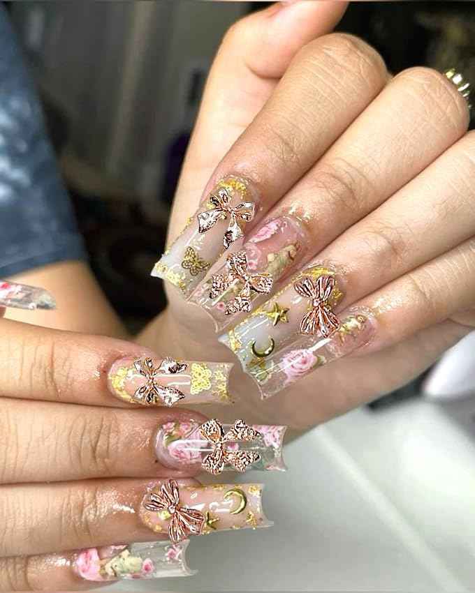 KACHIMOO 120 PCS Bow Nail Charms Silver Gold Black Rose Gold Bowknot Nail Art Charm 3D Alloy Bow Charms for Nail Art Design