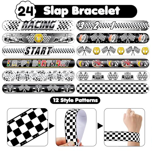 72PCS Checkered Flag Party Set - 48PCS Temporary Tattoos & 24PCS Slap Bracelets - Racing-Themed Birthday Supplies, Baby Shower Gifts, Classroom Rewards & Party Decor