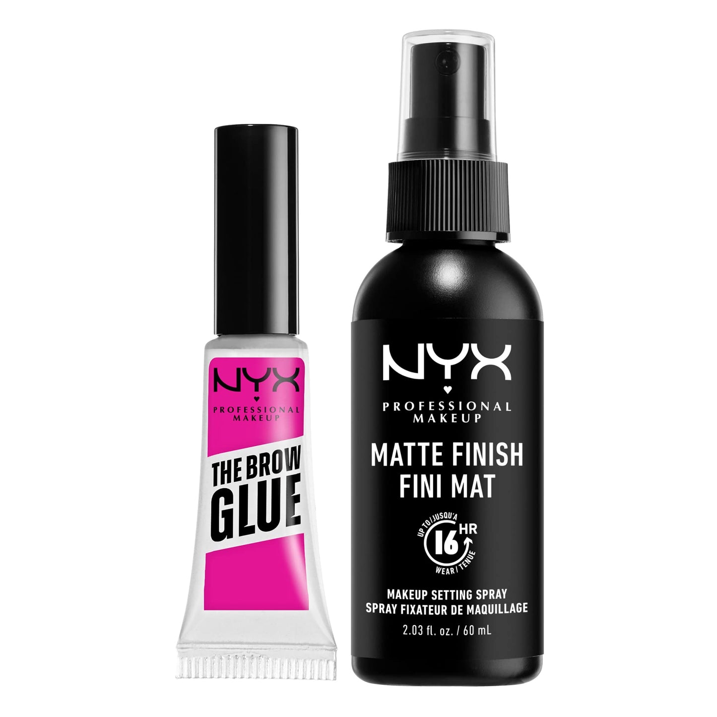 NYX PROFESSIONAL MAKEUP The Brow Glue, Extreme Hold Eyebrow Gel, Clear + Makeup Setting Spray, Matte Finish (2-Pack Bundle)