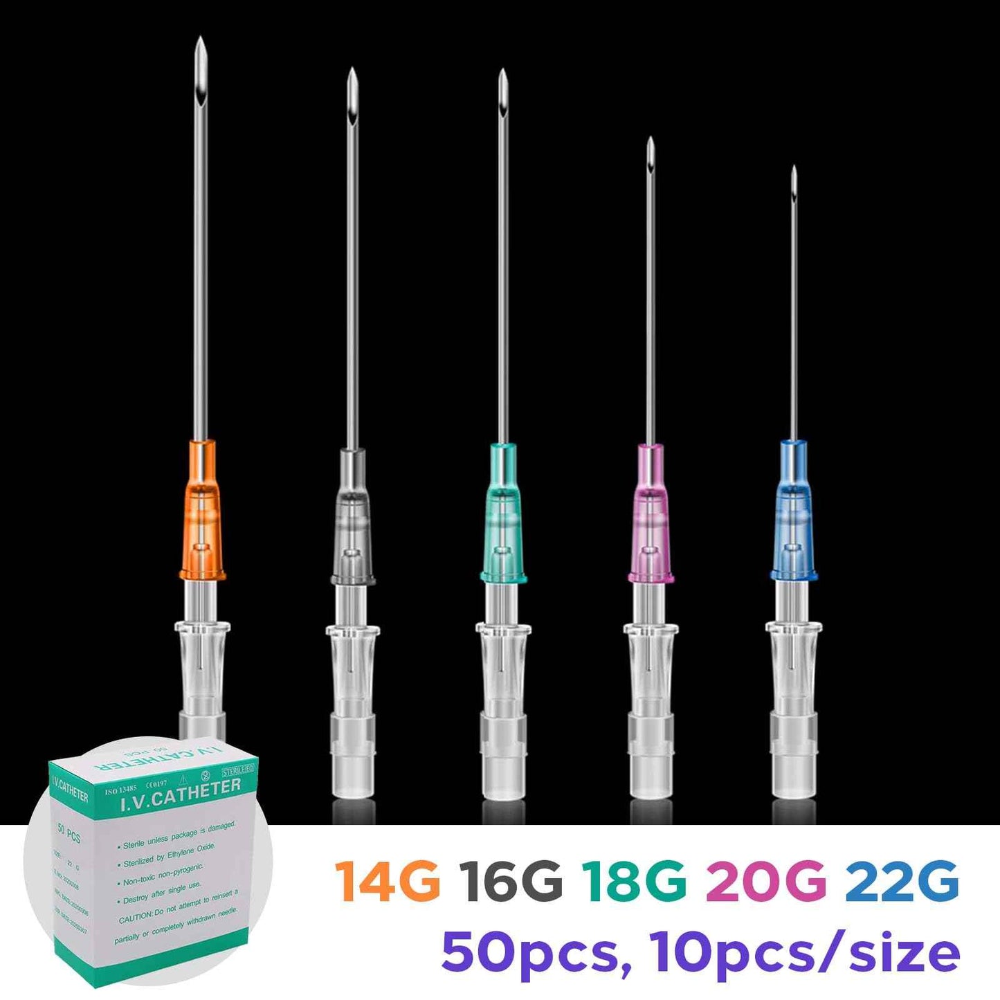 50Pcs Mixed Catheter Piercing Needles IV Catheter Needles 14G 16G 18G 20G 22G Hollow Needles Ear Nose Piercing Needle for Lip Tongue Belly Navel Nipple Professional Piercing Tools