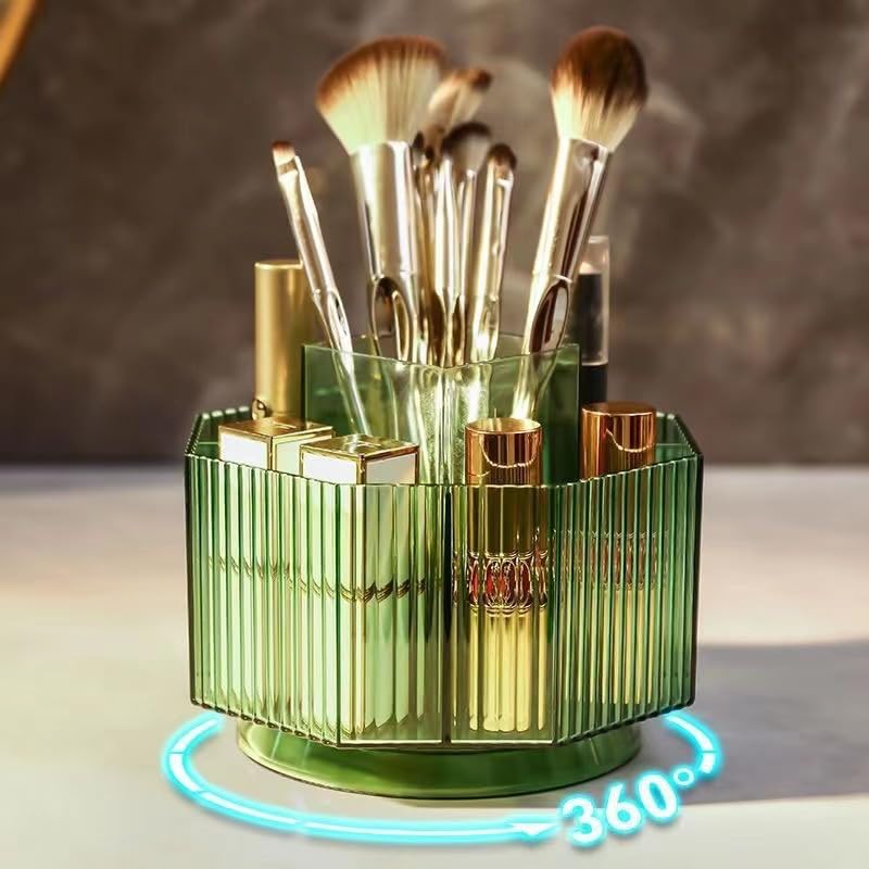 Makeup Brush Holder, 360° Rotating Makeup Brush Organizer, Cosmetic Brushes Storage with 5 Slots for Vanity, Multi-Functional Pen Holder, Colored Pencil, Art Brushes Organizer for Desk (Green)