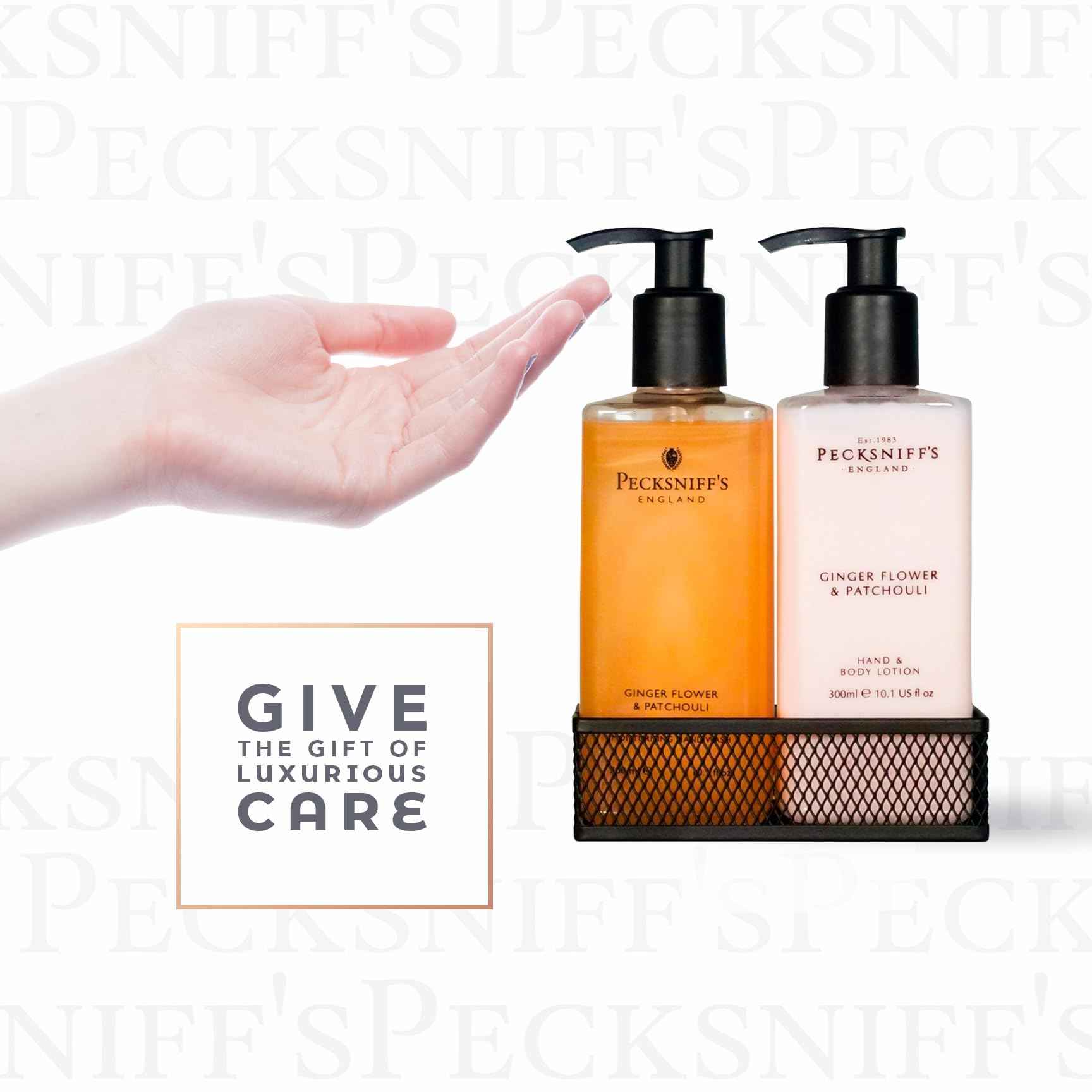 Pecksniffs Luxury Bath Gift Set, Ginger Flower and Patchouli Moisturizing Hand Soap and Body Lotion Set with Caddy, 10.1 Fl Oz