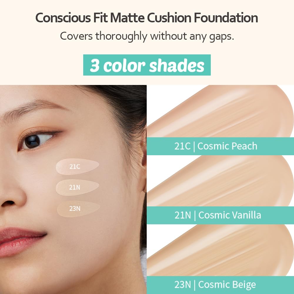 MOONSHOT KOREA Matte Fit Cushion Foundation Full Coverage Matte Finish, Breathable Makeup for Face, Long Lasting, Lightweight K-BEAUTY (21C Cosmic Peach, Matte Fit Cushion)