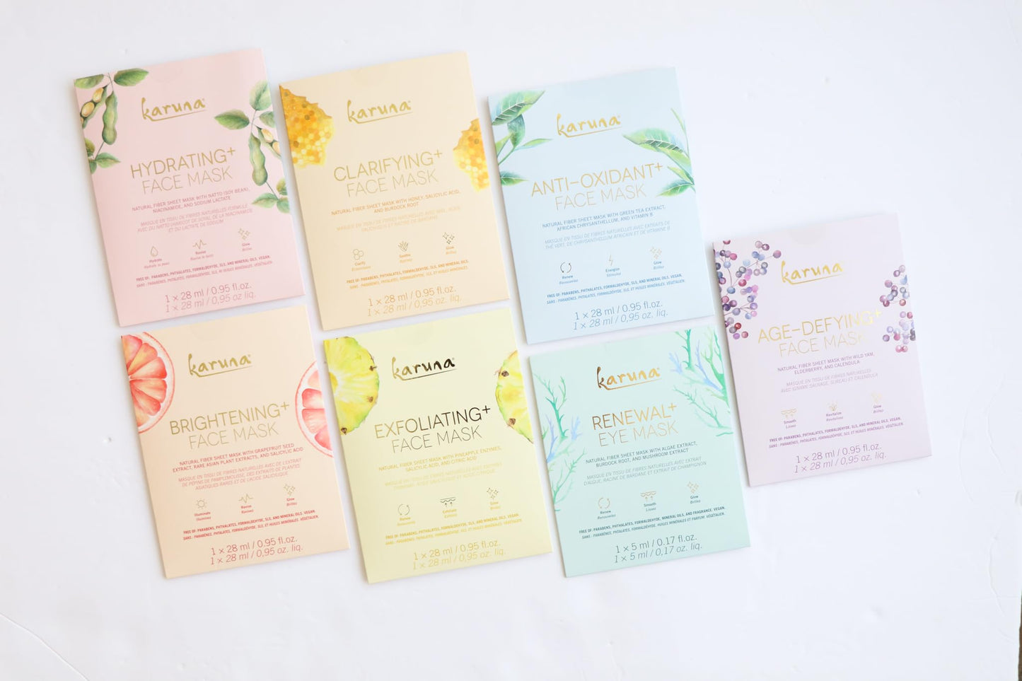 Karuna Skin - Face for All Eye & Face Mask Sets,Complete Eye & Face Masks Skincare Bundle, 6 Face Masks(Clarifying+,Hydrating+,Brightening+,Age-Defying+ & Anti-Oxidant+) & 1 Renewal+ Eye Sheet Mask