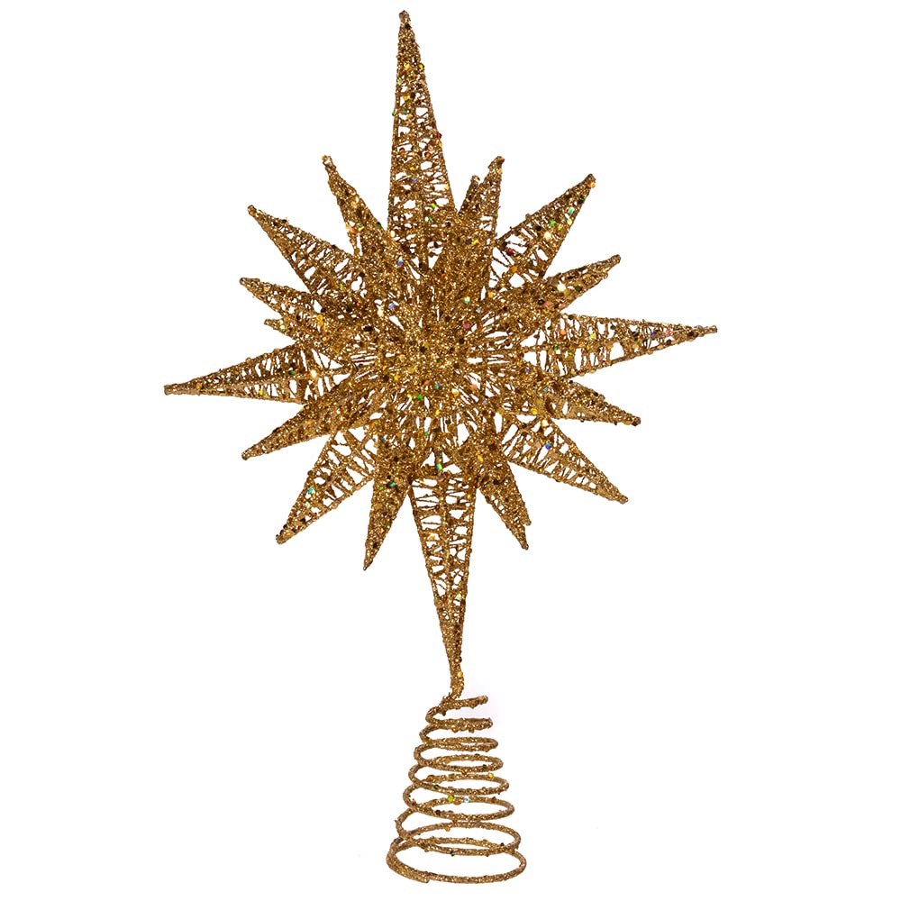 Kurt Adler Un-Lit Gold Glitter Wire 3D Star Treetop, 16.5-inch Length, Gold-Tone, Metal, Holiday Decor