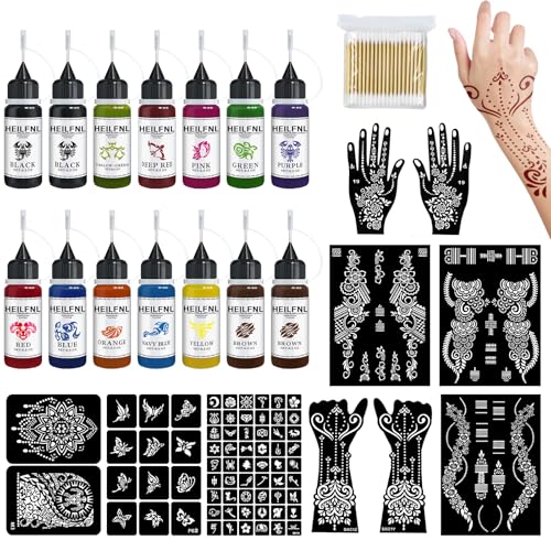 Temporary Tattoo Kit - 14 Bottles Color Temporary Tattoo Ink with 75 Pcs Stencils, DIY Fake Tattoos - Suitable for Adults, Teens, Women, Men & Art Painting Party