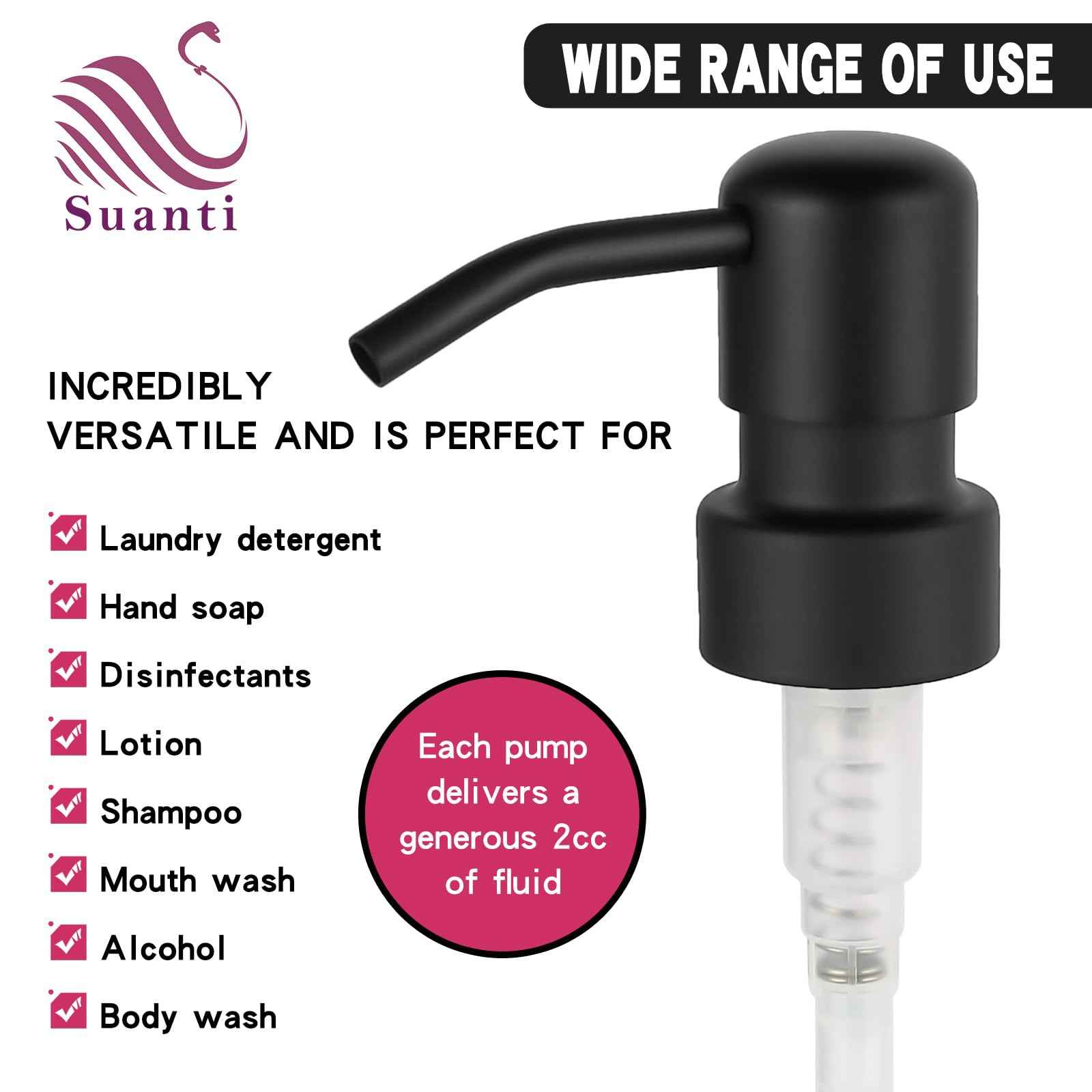 2PCS Stainless Steel Black Soap and Lotion Dispensers Pump Replacement,Smooth Action Replacement for Round 1.1in (28 mm) Neck Bottles,Rust Proof&Leak Proof