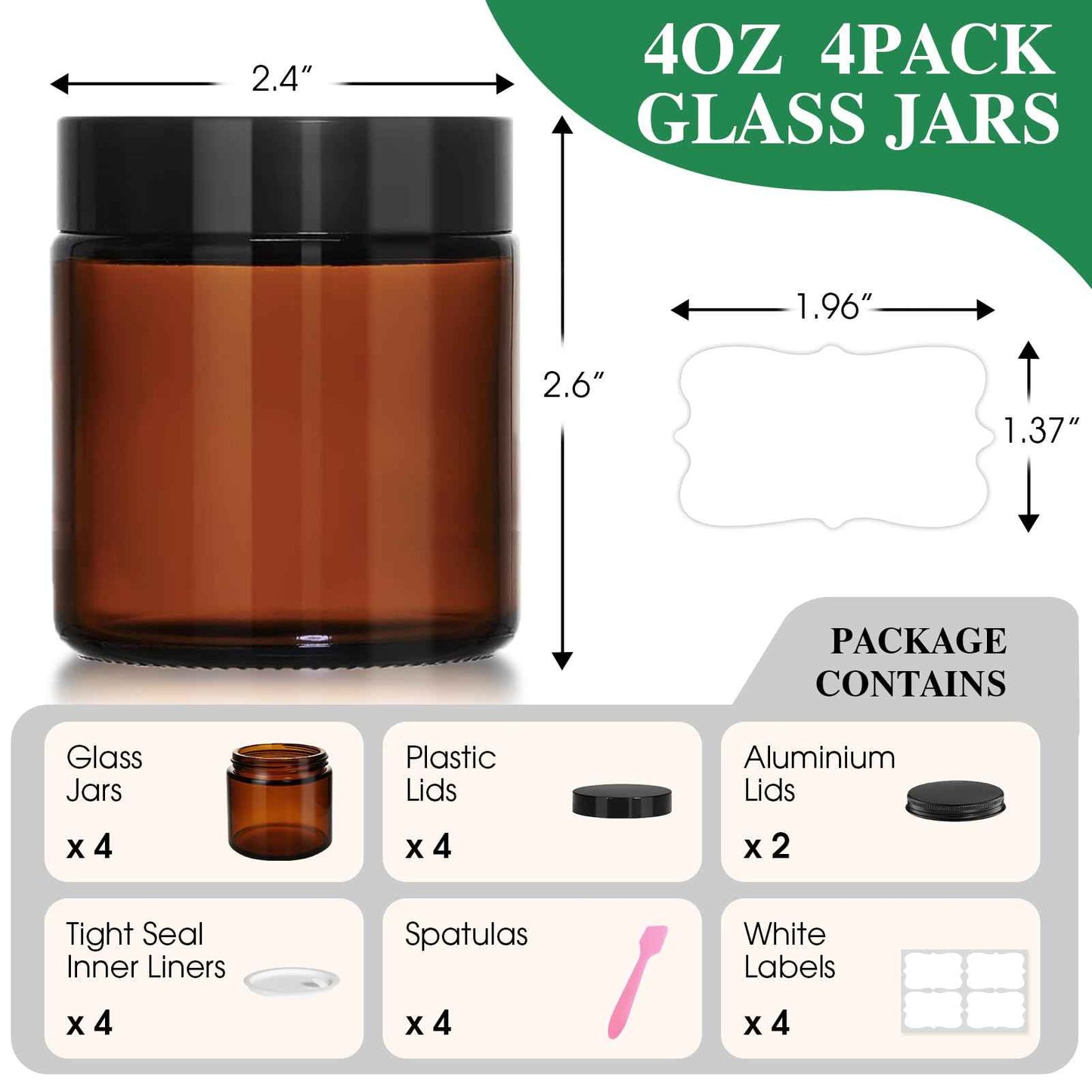 4 oz Glass Jars with Lids, 4 Pack Amber Small Glass Jars with Black Lids Leakproof Airtight Empty Cosmetic Travel Containers with Inner Liners For Lotions Body Scrub, Candle Making