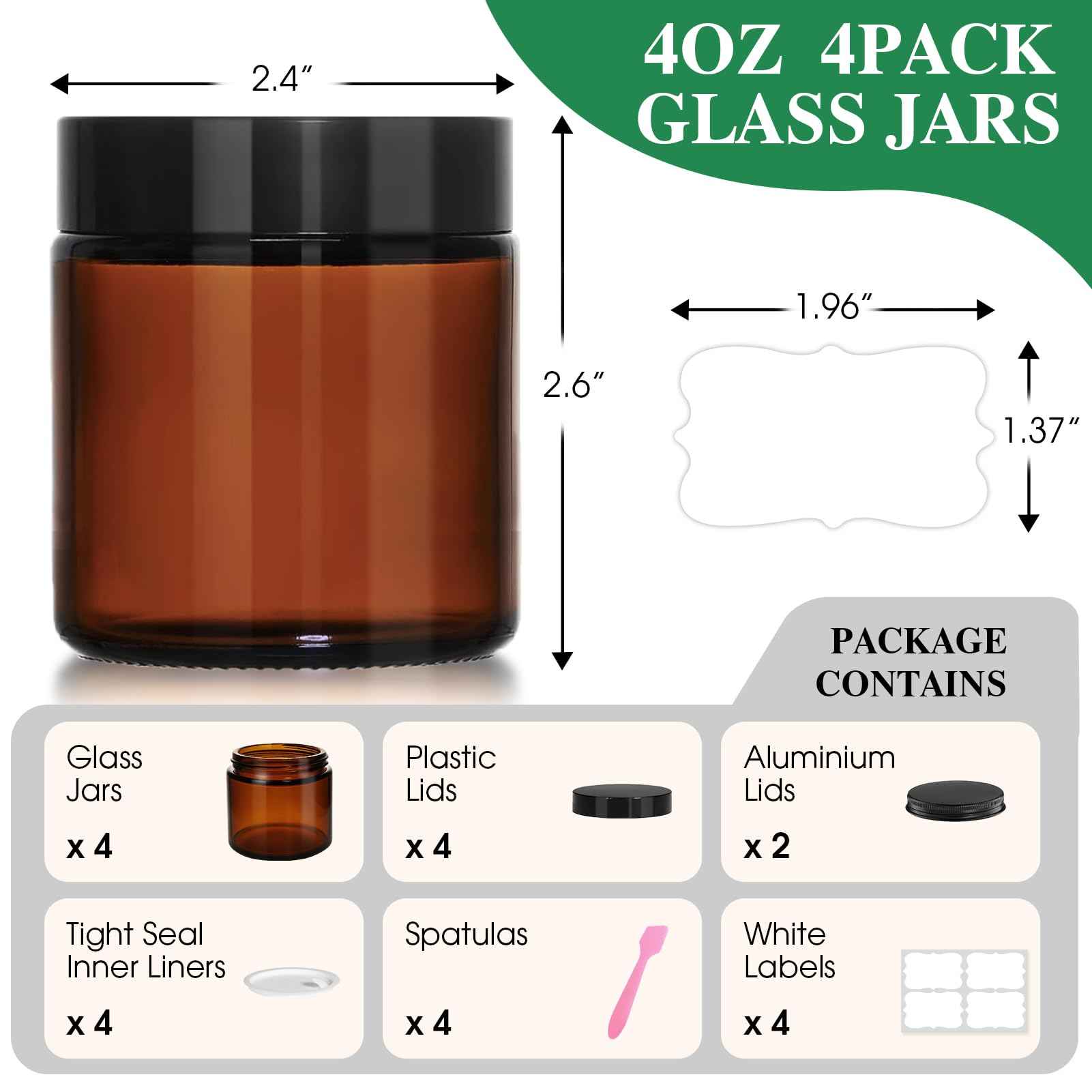 4 oz Glass Jars with Lids, 4 Pack Amber Small Glass Jars with Black Lids Leakproof Airtight Empty Cosmetic Travel Containers with Inner Liners For Lotions Body Scrub, Candle Making