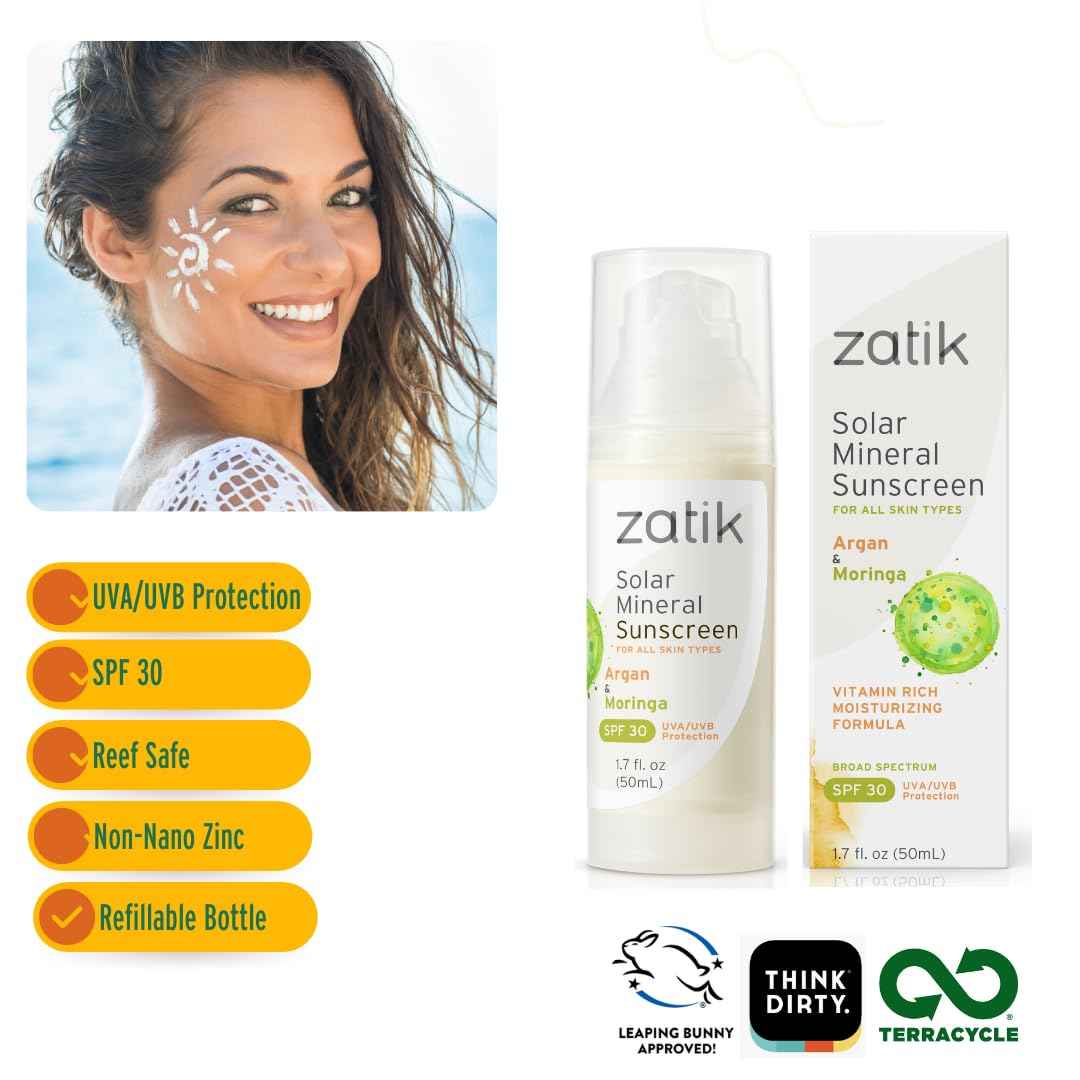 Zatik Naturals - Solar Mineral Sunscreen with Argan and Moringa, Vitamin and Mineral-Based Solar Protection, Vegan, Non-GMO, pH Balanced, FREE from Gluten, Soy, Alcohol. 1.7 fl oz, 50 ml