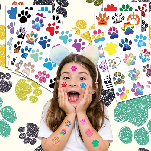 96PCS Dog Cat Paw Print Pre-Cut Temporary Tattoos for Kids Themed Birthday Party Decorations Supplies Decor Favors Super Cute Animal Tattoo Stickers Gifts for Games Boys Girls Rewards
