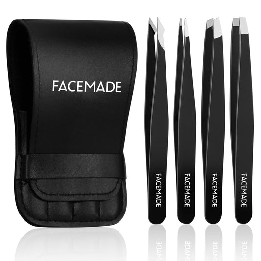 FACEMADE 4 Pack Tweezers Set - Professional Stainless Steel Tweezers for Men and Women, Precision Eyebrow Tweezers for Facial Hair, Chin, and Ingrown Hair Removal (Pink, Purple, Green & Orange)