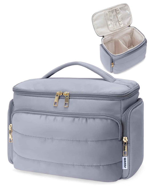 WANDF Travel Toiletry Bag for Women, Wide-open Large Makeup Bag with Handle, Puffy Makeup Organizer for Toiletries, Cosmetics, Accessories, Essentials (Slate Blue)