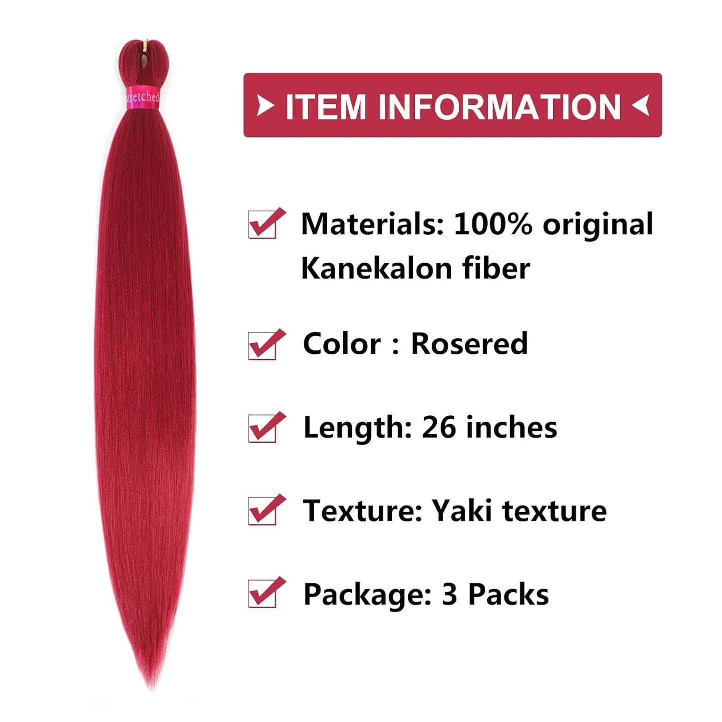 Rose Red Braiding Hair Pre Stretched 26 Inches 3 Packs Kanekalon Braiding Hair Extensions Synthetic Fiber Hair Braids