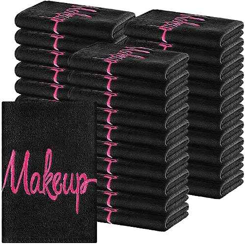 Preboun 96 Pack Makeup Remover Cloths, 13 x 13 Inch Makeup Towels Bulk Soft Microfiber Face Towels Reusable Makeup Washcloths with Makeup Embroidery for Women Skin (Black)