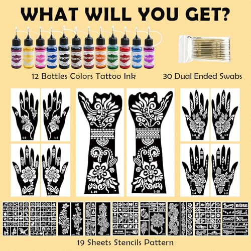 Mandala Temporary Tattoo Stencils Kit - 19 Sheets & 12 Ink Bottles
