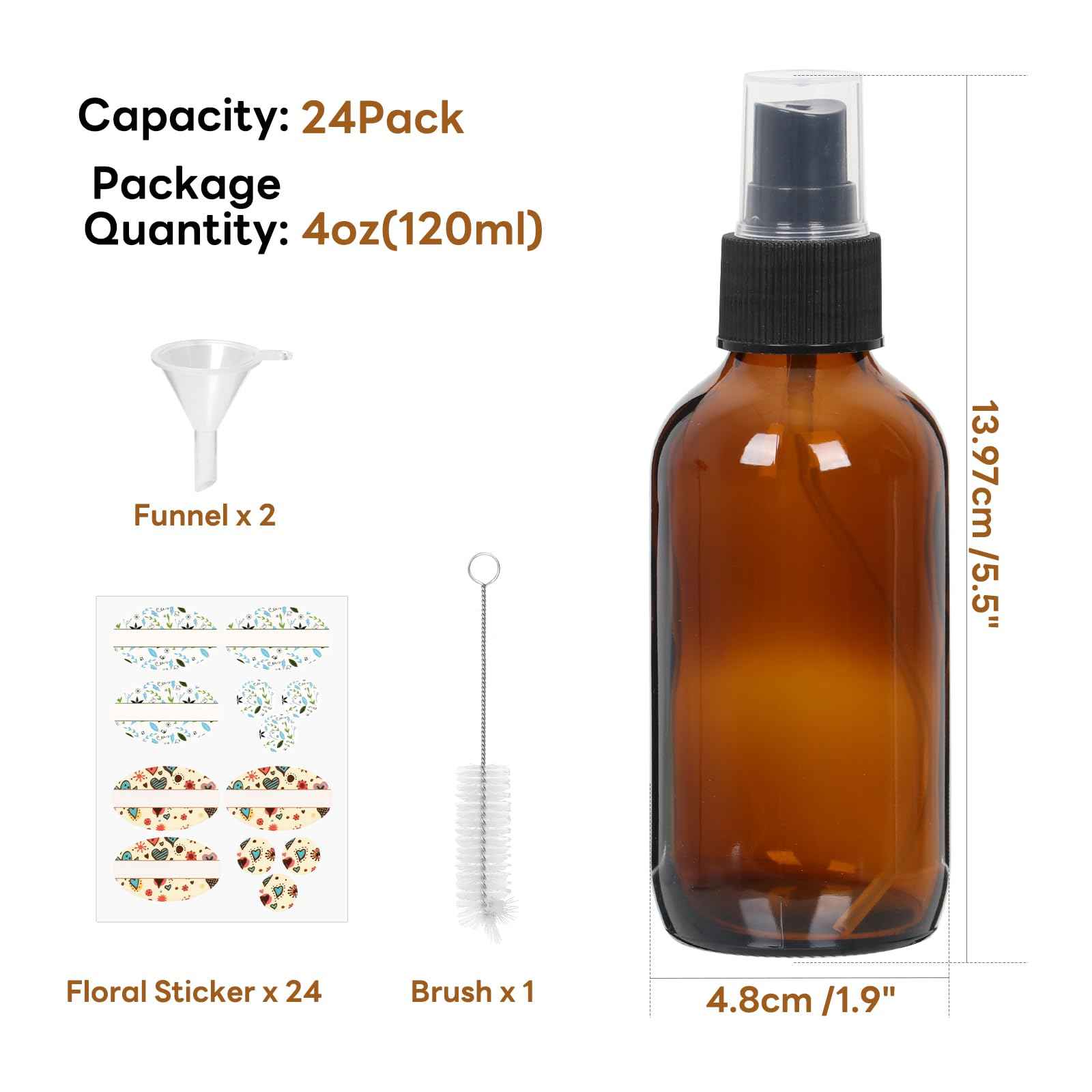 STARSIDE 24 Pack 4 oz Amber Glass Spray Bottles with Fine Mist Sprayer,120 ml Glass Travel Bottles for Cosmetic Essential Oils Cleaning Solutions Perfumes & Liquids