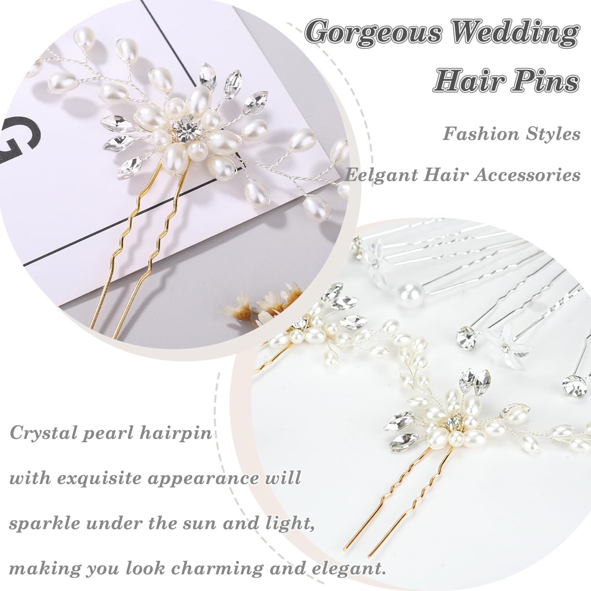 23Pcs Wedding Hair Pins, FHDUSRYO Bridal Pearl Rhinestone Hair Clips, U Shaped Flower Crystal Hair Accessories Diamond Hairpin for Bridesmaid Women Girls Ladies (5 Thems)