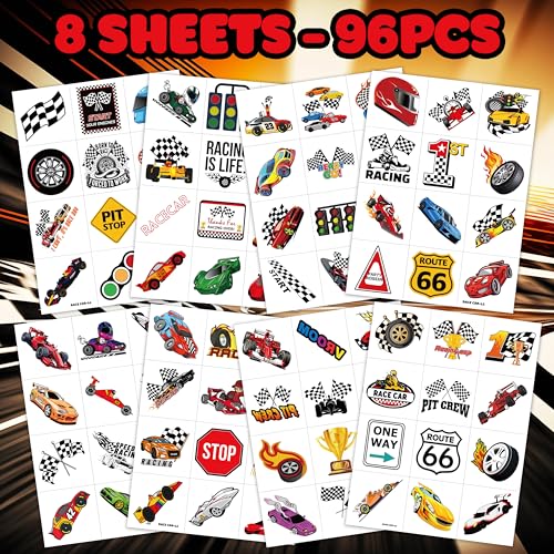 96 PCS Race Car Pre-Cut Temporary Tattoos Sticker Racing Pit Crew Checkered Flag Birthday Party Decorations Favors Supplies Gifts Boys Girls Cute Fake Tattoo School Prizes Carnival Theme (Normal)