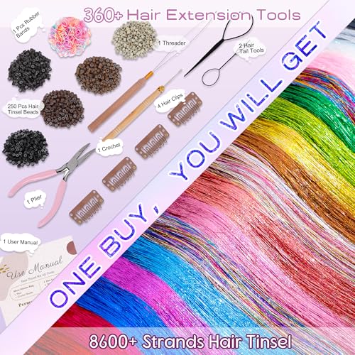 Hair Tinsel Kit - 18 Colors, 8600 Strands, Heat Resistant, 48 Inches