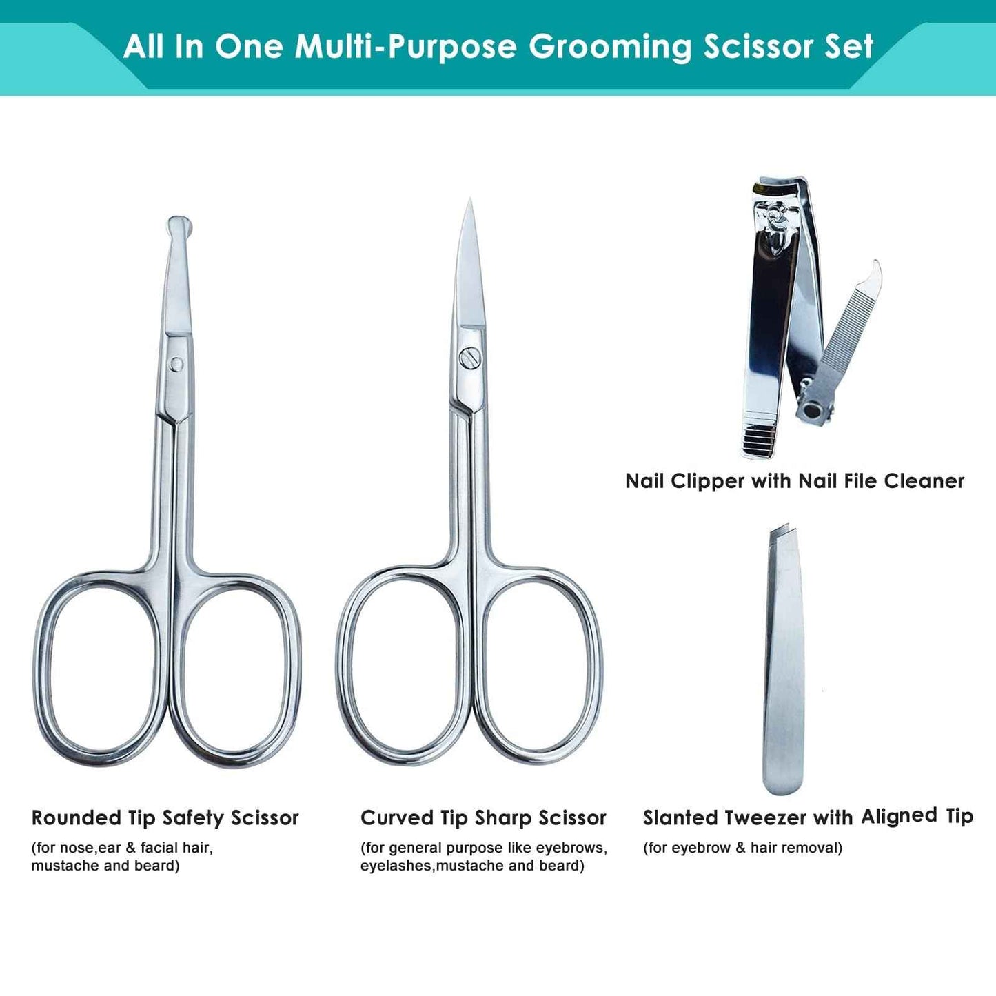 5Pcs Beauty Grooming Eyebrow Scissor Men Women Facial Nose Hair Scissor Curved Round Blunt Mustache Beard Manicure Pedicure Trimmer Set Stainless Steel Slant Tweezers Nail Clipper Pet Dog Scissor Kit