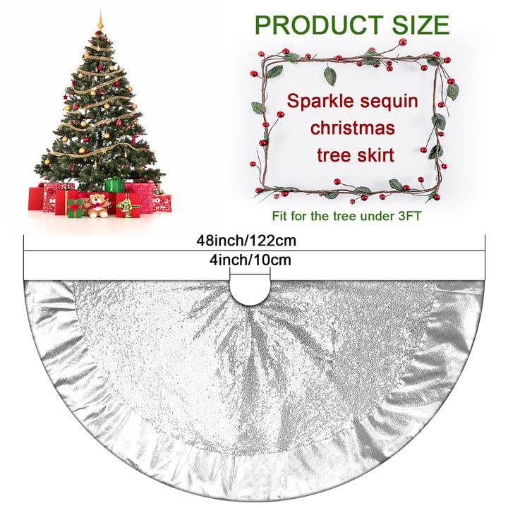 Ivarunner Silver Tree Skirt, Large Christmas Tree Skirt 48 Inch with Glitter Satin Trim - Silver Sequin Tree Skirt - Xmas Bling Tree Mat Double Layers for Silver Christmas Ornaments and Decorations