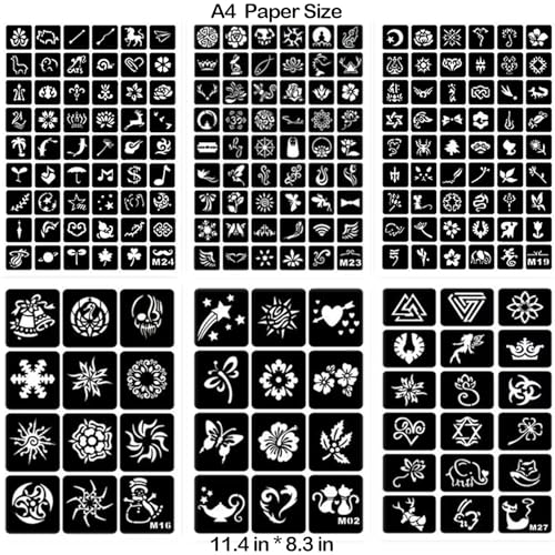 229pcs Henna Tattoo Stencils, 19 Sheets Temporary Tattoo Stencils for Women Face Body Paint DIY Art Glitter Airbrush Tattoo Pack