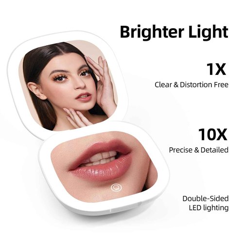 Compact Magnifying Travel Makeup Mirror with LED Light - 3.5 inches 1X/10X Magnification Small Hand Pocket Dimmable Double Sided USB Rechargeable Touch Screen, Portable Tabletop Cosmetic (White)