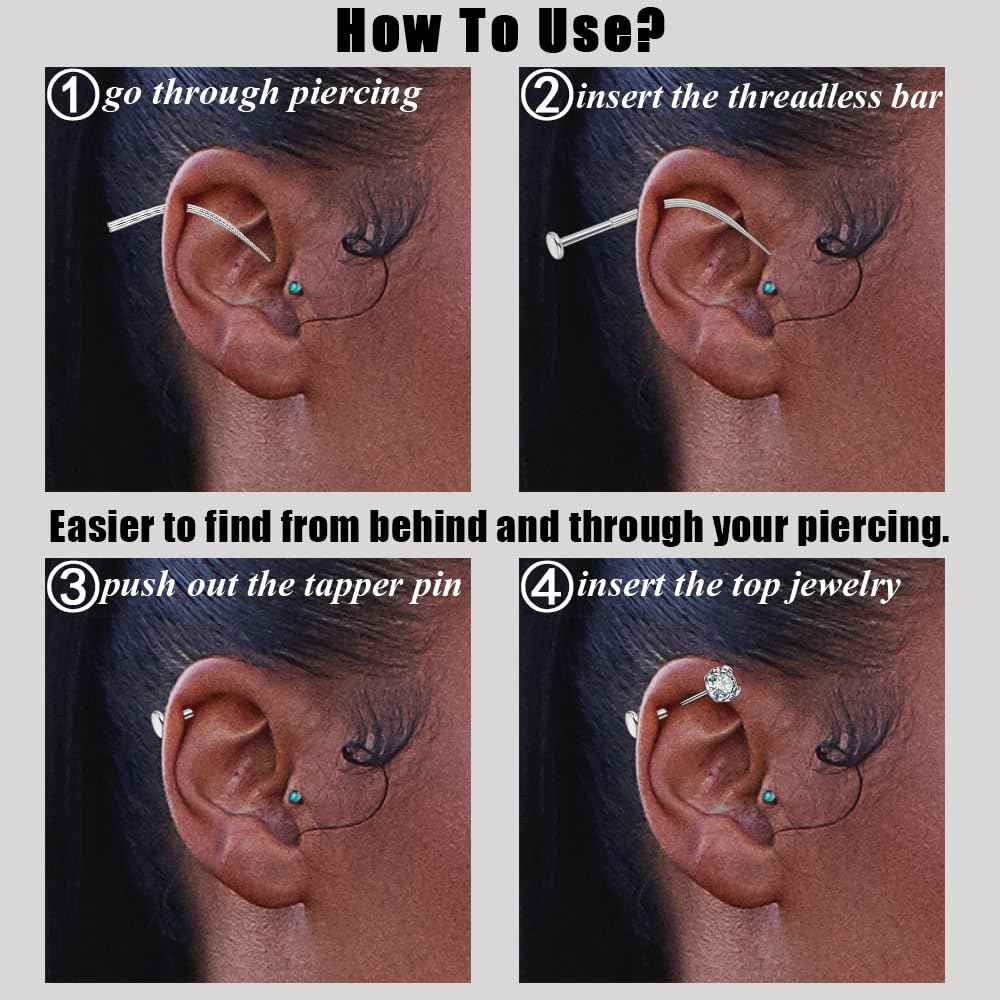 PunkTracker 14g/16g/18g Curved ASTM F136 Titanium Piercing Kit Taper Insertion Pin Tool for Internal Thread Tragus Helix Lip Nose Helix Piercing Jewelry Labret Studs Nose Stud Stretcher